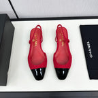 CHANEL SLINGBACK ROSE RED TWEED AND BLACK CALFSKIN