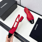 CHANEL SLINGBACK ROSE RED TWEED AND BLACK CALFSKIN
