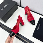 CHANEL HIGH SLINGBACK ROSE RED TWEED AND BLACK CALFSKIN