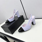 CHANEL HIGH SLINGBACK LIGHT BLUE TWEED AND BLACK CALFSKIN