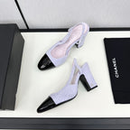 CHANEL HIGH SLINGBACK LIGHT BLUE TWEED AND BLACK CALFSKIN