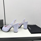 CHANEL HIGH SLINGBACK LIGHT BLUE TWEED AND BLACK CALFSKIN