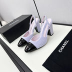 CHANEL HIGH SLINGBACK LIGHT BLUE TWEED AND BLACK CALFSKIN