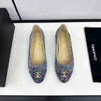 CHANEL ballet flat blue with white stripe denim 166816