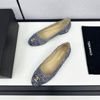 CHANEL ballet flat blue with white stripe denim 166816