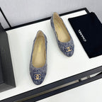 CHANEL ballet flat blue with white stripe denim 166816