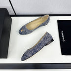 CHANEL ballet flat blue with white stripe denim 166816