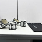 CHANEL HIGH MULE IN WHITE MIX BLACK WOOL TWEED AND CALFSKIN