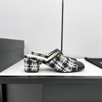 CHANEL HIGH MULE IN WHITE MIX BLACK WOOL TWEED AND CALFSKIN