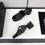 CHANEL HIGH MULE IN BLACK MIX WHITE WOOL TWEED AND CALFSKIN