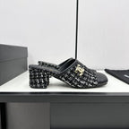 CHANEL HIGH MULE IN BLACK MIX WHITE WOOL TWEED AND CALFSKIN