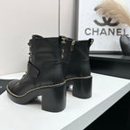 CHANEL 25S LACE-UP HEELED ANKLE BOOTS IN BLACK CALFSKIN