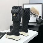 CHANEL 25S WEDGE KNEE-HIGH BOOTS IN BLACK CALFSKIN SILVER HARDWARE