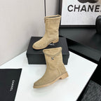 CHANEL 25S SHORT BOOTS IN LIGHT GOLD SUEDE SILVER HARDWARE