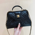CHANEL MEDIUM TOP HANDLE BAG 23 IN BLACK OIL-WAX LAMBSKIN GOLD HARDWARE