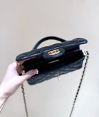 CHANEL QUILTED FLAP BAG WITH HANDLE 20 IN BLACK LAMBSKIN GOLD PLATED METAL