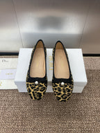 DIOR PEARL BALLET FLAT CAMEL PONY HAIR CALFSKIN WITH BROWN LEOPARD MOTIF