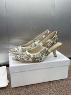 DIOR J'A HIGH SLINGBACK PUMP WHITE AND GOLD-TONE MILLEFIORI JACQUARD 65 MM