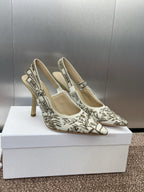 DIOR J'A HIGH SLINGBACK PUMP WHITE AND GOLD-TONE MILLEFIORI JACQUARD 95 MM