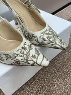 DIOR J'A HIGH SLINGBACK PUMP WHITE AND GOLD-TONE MILLEFIORI JACQUARD 95 MM