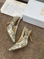 DIOR J'A HIGH SLINGBACK PUMP WHITE AND GOLD-TONE MILLEFIORI JACQUARD 95 MM