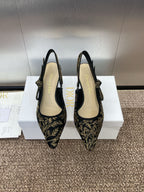 DIOR J'A HIGH SLINGBACK PUMP BLACK AND GOLD-TONE MILLEFIORI JACQUARD 65 MM