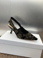 DIOR J'A HIGH SLINGBACK PUMP BLACK AND GOLD-TONE MILLEFIORI JACQUARD 65 MM