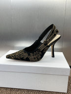 DIOR J'A HIGH SLINGBACK PUMP BLACK AND GOLD-TONE MILLEFIORI JACQUARD 95 MM
