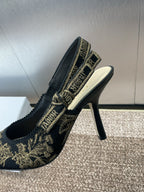 DIOR J'A HIGH SLINGBACK PUMP BLACK AND GOLD-TONE MILLEFIORI JACQUARD 95 MM