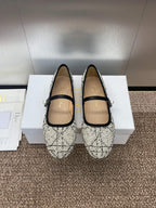 DIOR D-RAMOUR BALLET FLATS IN WHITE MIX BLACK EMBROIDERED CANNAGE TWEED