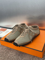 HERMES KIGA SNEAKER IN MOCHA BROWN CROCHET KNIT AND CALFSKIN