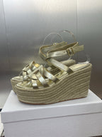 DIOR D-CLUB 25S HIGH HEEL WEDGE 100MM IN GOLD GLOSSY CALFSKIN RAFFIA SOLE