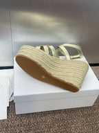 DIOR D-CLUB 25S HIGH HEEL WEDGE 100MM IN GOLD GLOSSY CALFSKIN RAFFIA SOLE