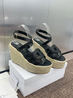 DIOR D-CLUB 25S HIGH HEEL WEDGE 100MM IN BLACK CALFSKIN RAFFIA SOLE