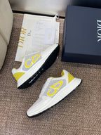 DIOR 25S D-RUN'N COUPLE SNEAKERS IN WHITE YELLOW CALFSKIN AND MESH