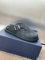 DIOR 25S AQUA MULES WITH OBLIQUE PATTERN IN DARK BLUE CANVAS