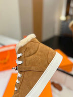 HERMES CHEALSEA BOOTS IN BRONZE BROWN SUEDE AND FLEECE LINING