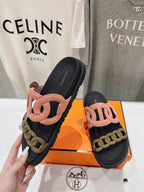 HERMES EXTRA SANDAL BLACK MIX PEACH MIX MOSS CALFSKIN