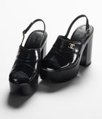 CHANEL SANDALS BLACK PATENT CRUMPLED LAMBSKIN