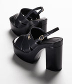 CHANEL SANDALS BLACK PATENT CRUMPLED LAMBSKIN