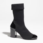 CHANEL SHORT BOOTS BLACK KNIT PATENT CALFSKIN