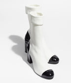CHANEL SHORT BOOTS WHITE BLACK KNIT PATENT CALFSKIN