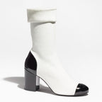 CHANEL SHORT BOOTS WHITE BLACK KNIT PATENT CALFSKIN