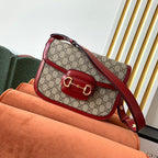 GUCCI 1955 Horsebit Bag 25cm Red Leather Beige Canvas Gold Hardware