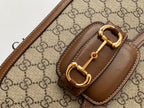 GUCCI 1955 Horsebit Bag 25cm Brown Leather Beige Canvas Gold Hardware