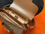 GUCCI 1955 Horsebit Bag 25cm Brown Leather Beige Canvas Gold Hardware