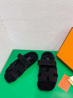 HERMES Chypre Sandal Black shearling insole Black Velvet leather lining