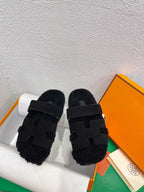 HERMES Chypre Sandal Black shearling insole Black Velvet leather lining