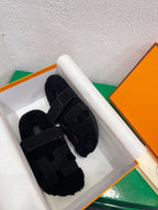 HERMES Chypre Sandal Black shearling insole Black Velvet leather lining