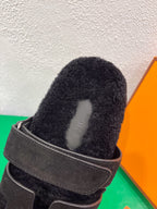 HERMES Chypre Sandal Black shearling insole Black Velvet leather lining